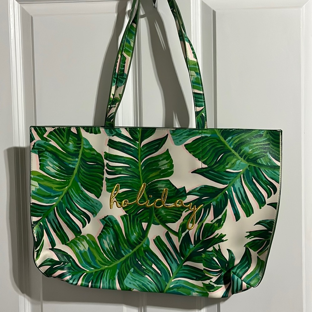 Green and white monstera plant inspired beach tote and clutch